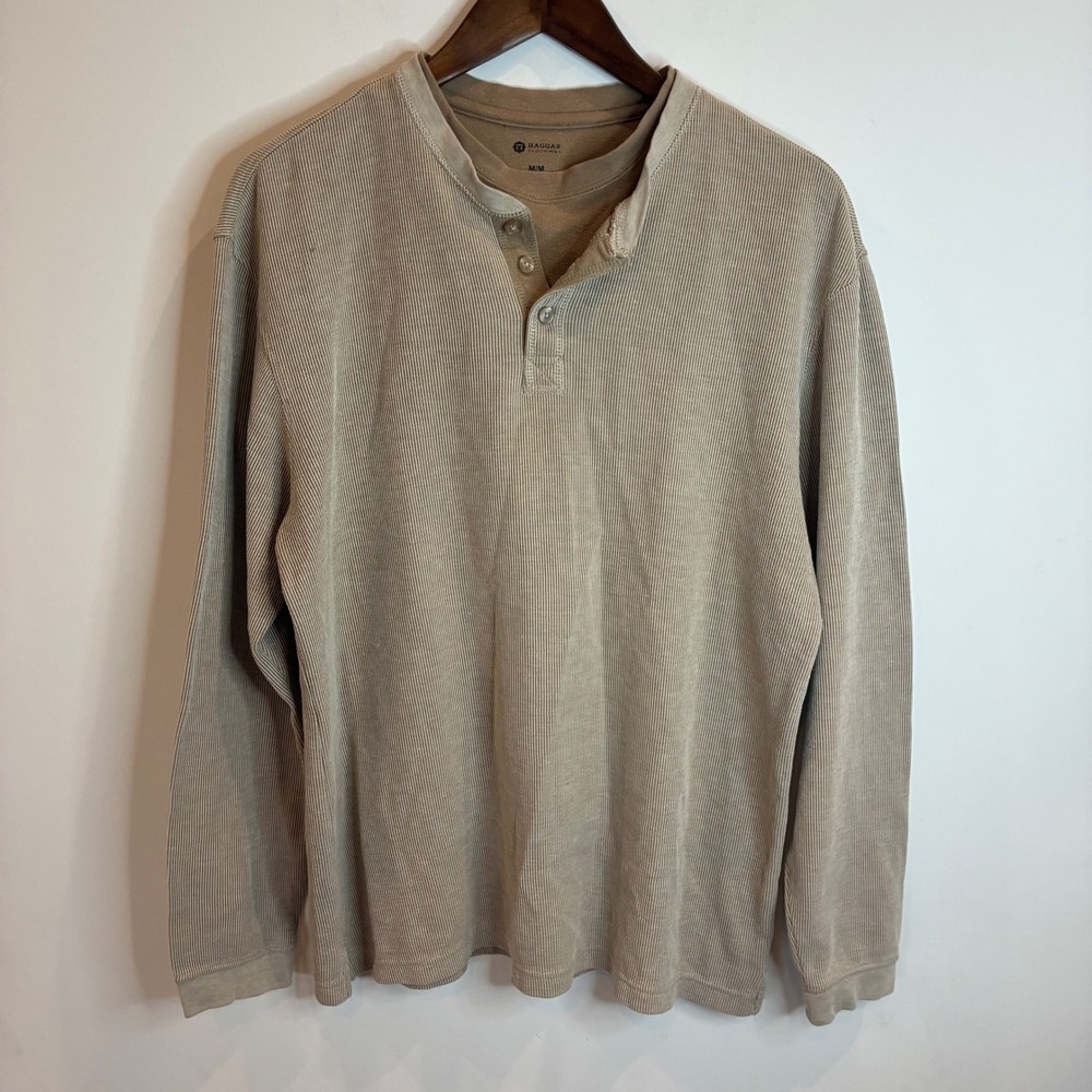Haggar Mens Long Sleeve Henley Shirt Tan Khaki Ribbed Knit Size Medium